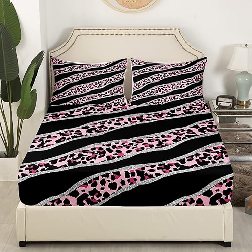 Miniatura 7 de Erosebridal Sábanas de cama con estampado de leopardo para niñas para dormitorio de niños, sábana bajera con estampado de guepardo rosa, tamaño