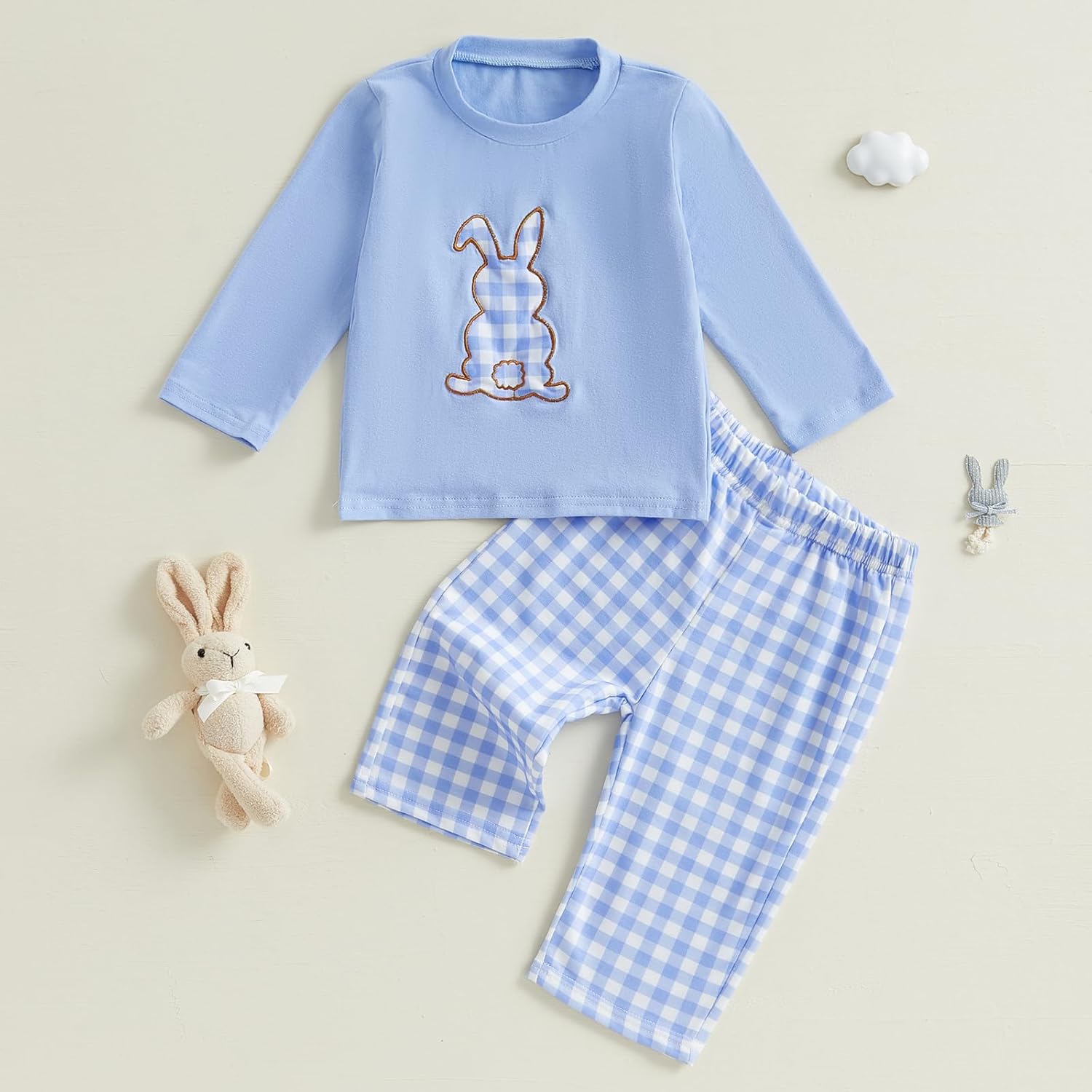 Toddler Baby Boy Easter Outfit Bunny Carrot Embroidery Long Sleeve Shirt Plaid Casual Pants Set 2Pcs Clothes - Image 2