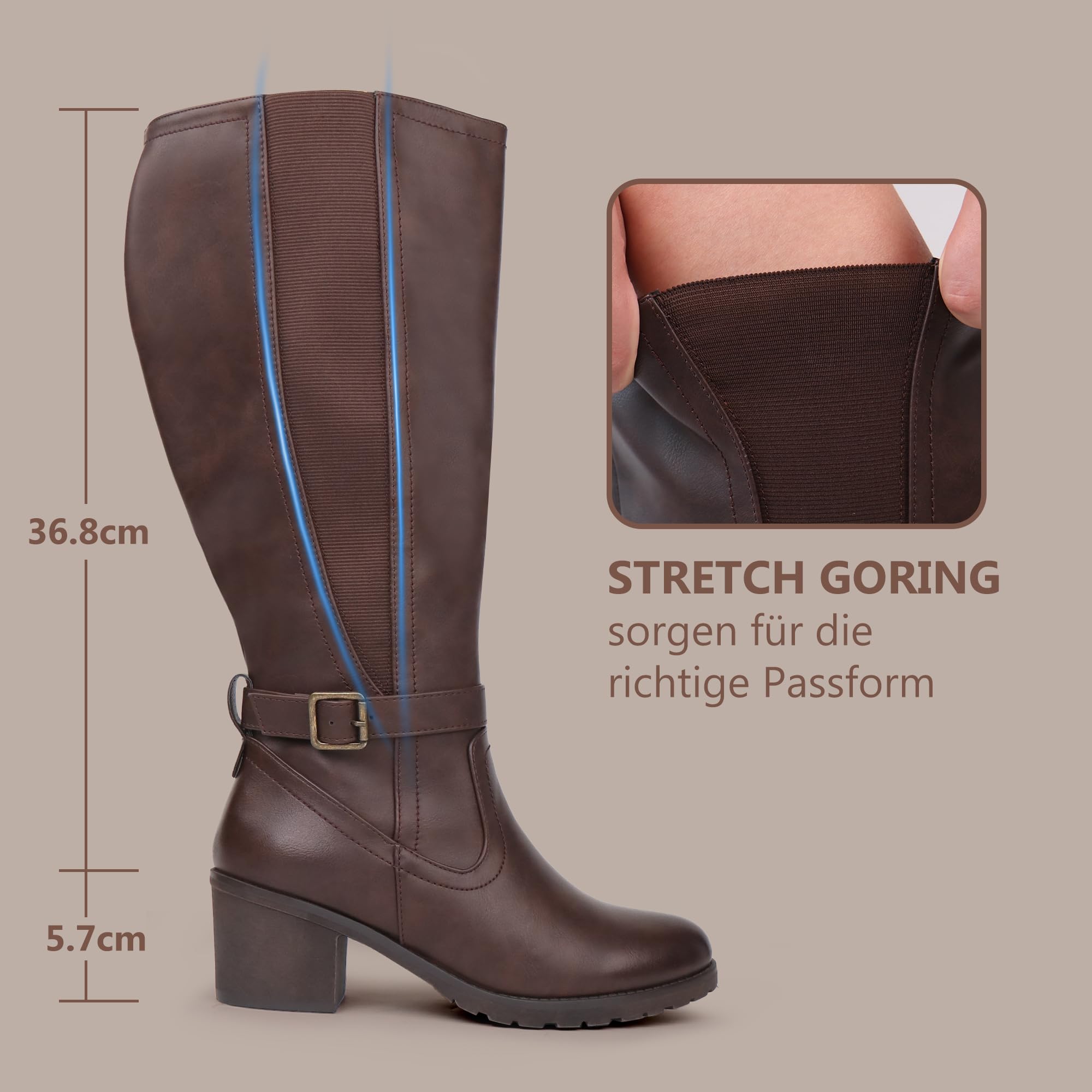 Botas altas hasta la rodilla con cremallera lateral y panel elástico de pantorrilla extra ancha para mujer con tacón de bloque