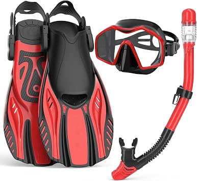 Snorkeling Gear for Adults,Mask Fins Snorkel Set,Panoramic View Diving Mask Anti-Fog,Dry Snorkel,Adjustable Swim Flippers and Travel Bag,Adults Snorkel Gear for Swimming Snorkeling Diving