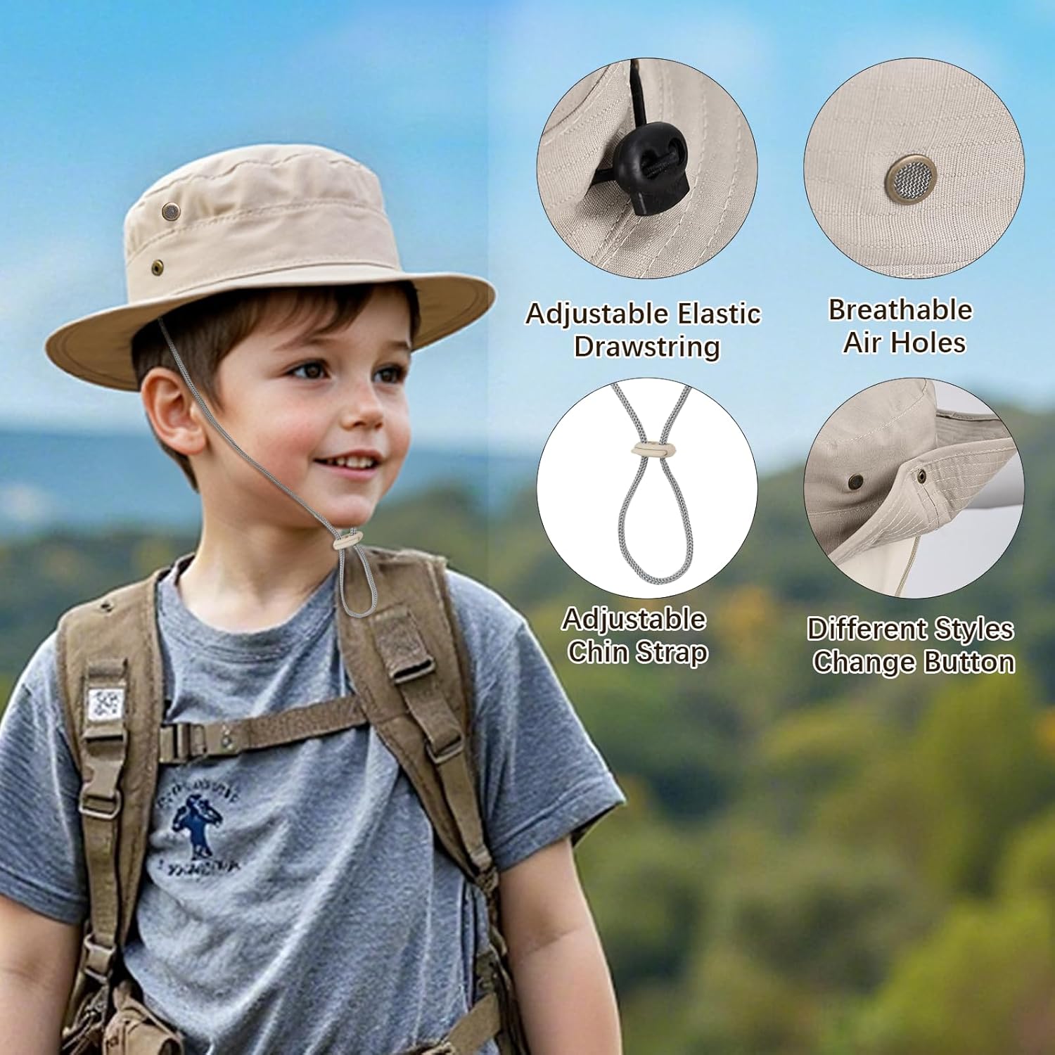 Kids Sun Hats for Boys Girls Bucket Hat UPF 50+ UV Protection Safari Hat Lightweight & Breathable Boonie Hat - Image 3