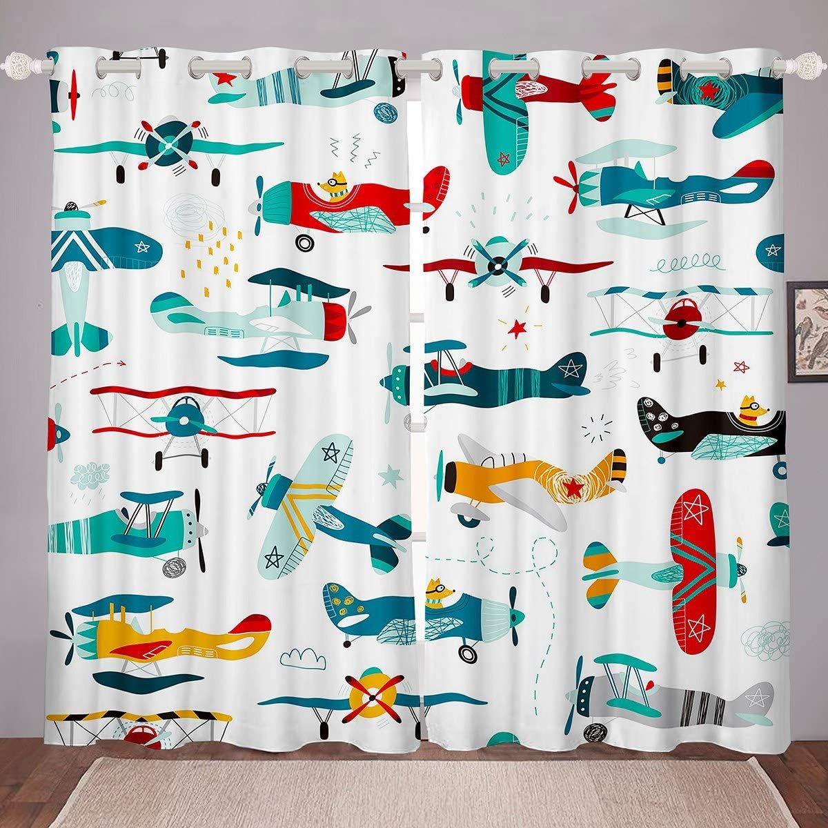 Feelyou Kids Cartoon Decor Curtains Aircraft Curtains for Bedroom Living Room for Children Boys Girls Airplane Print Windows Drapes Helicopter Flying Plane Room Decoration,38 X 45 Inch,2 Panels