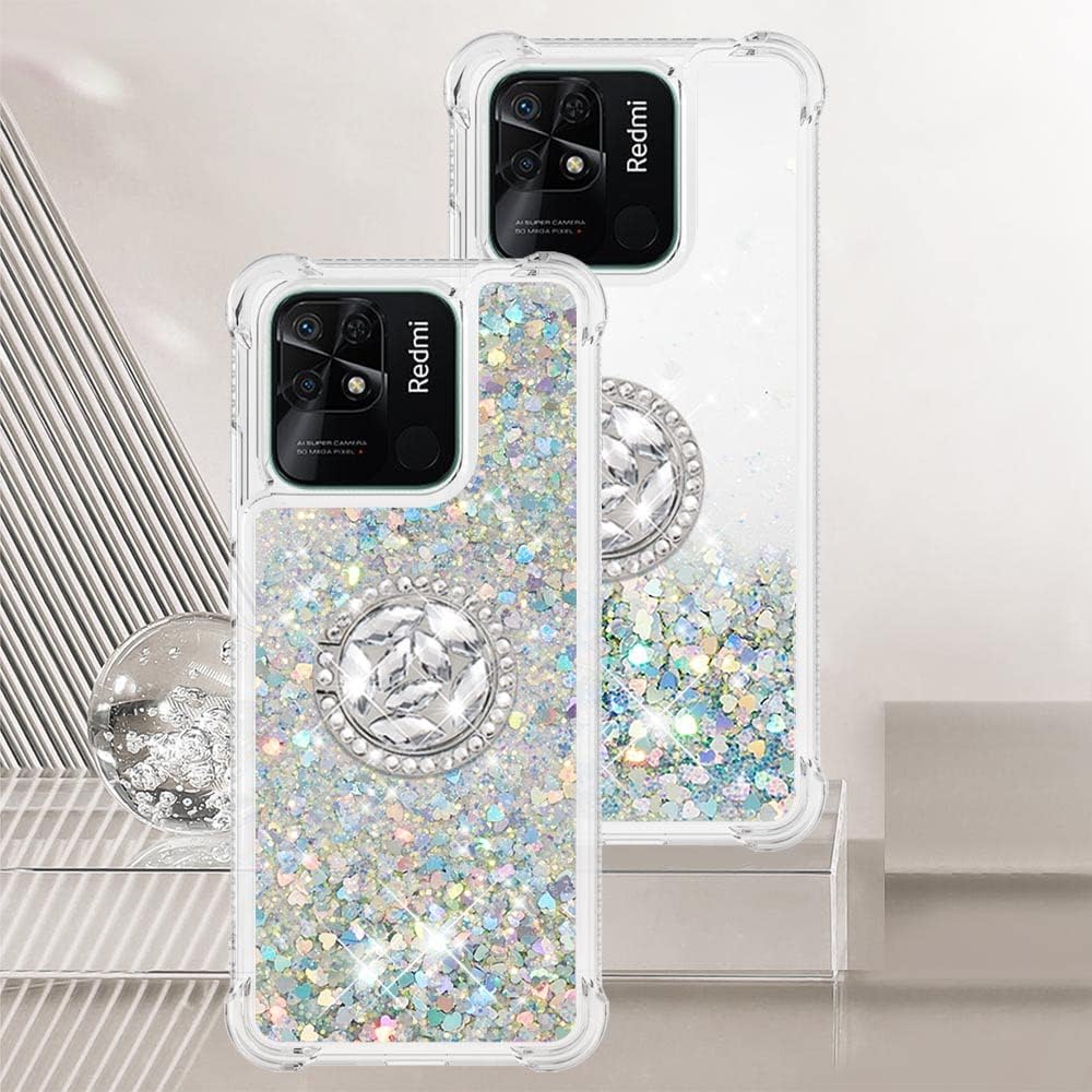 CCSmall Glitter Case for Xiaomi Redmi 10C, Bling Sparkle Floating Liquid Soft TPU Cushion Fashion Girly Women Girls Clear with Ring Holder Phone Cover for Xiaomi Redmi 10C LSZ Silver - Image 2
