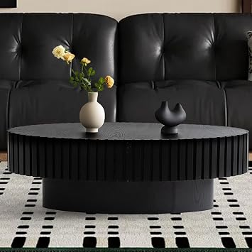 Oval Fluted Wood Coffee Table Modern Handcraft Drum Coffee Tables Farmhouse Pedestal Tea Table Contemporary Olive Shape Center Tables for Living Room Apartment,Black Oval