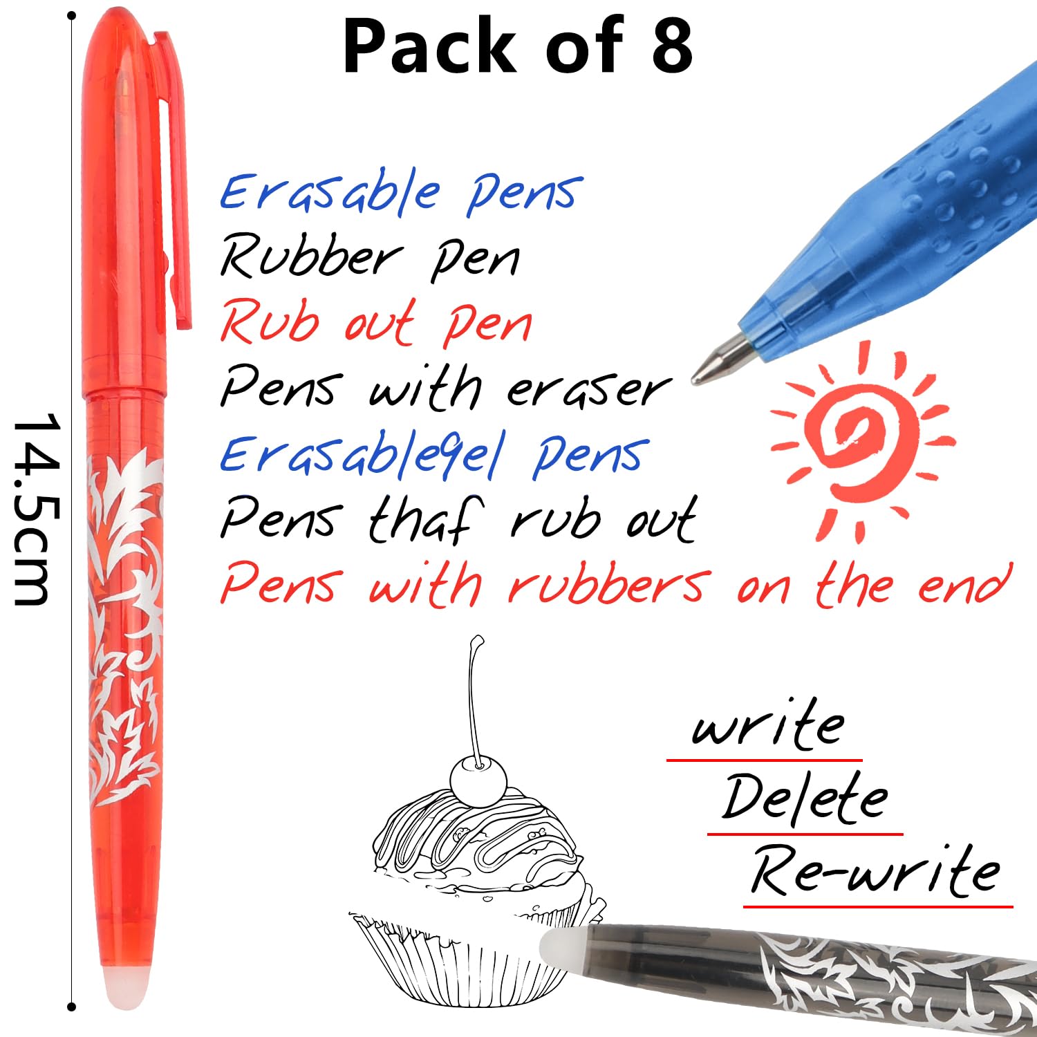 Stylos Gomme Effaçables MOTIBACK 0.5mm - Pack 8 Couleurs (4 Noir, 2 Bleu, 1 Rouge, 1 Gris) - Idéal École Et Bureau