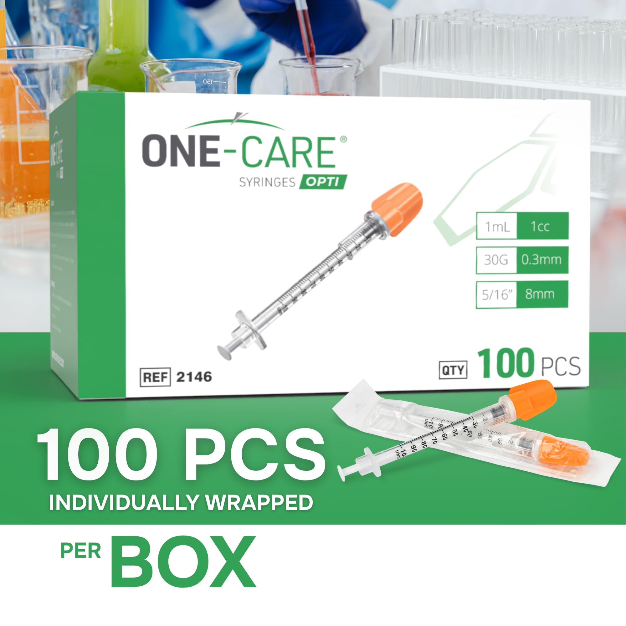 ONE-CARE 100bx 1 ml 30Ga x5/16 8 mm, medición de muestra, empaquetado en ampolla, REF 2146