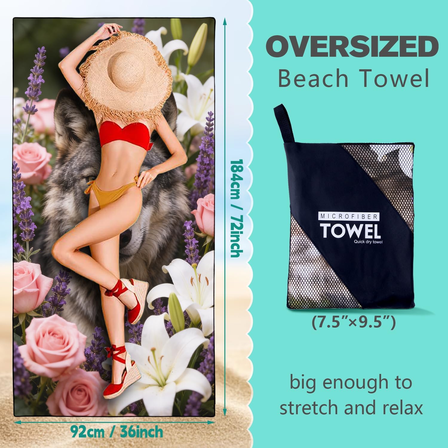 Wolf Beach Towel for Women Girls, Flower & Animal Print, Sand Free Quick Dry Towels for Swimming Camping Sports Travel, Thin Lightweight and Compact, 36" x 72" image 5