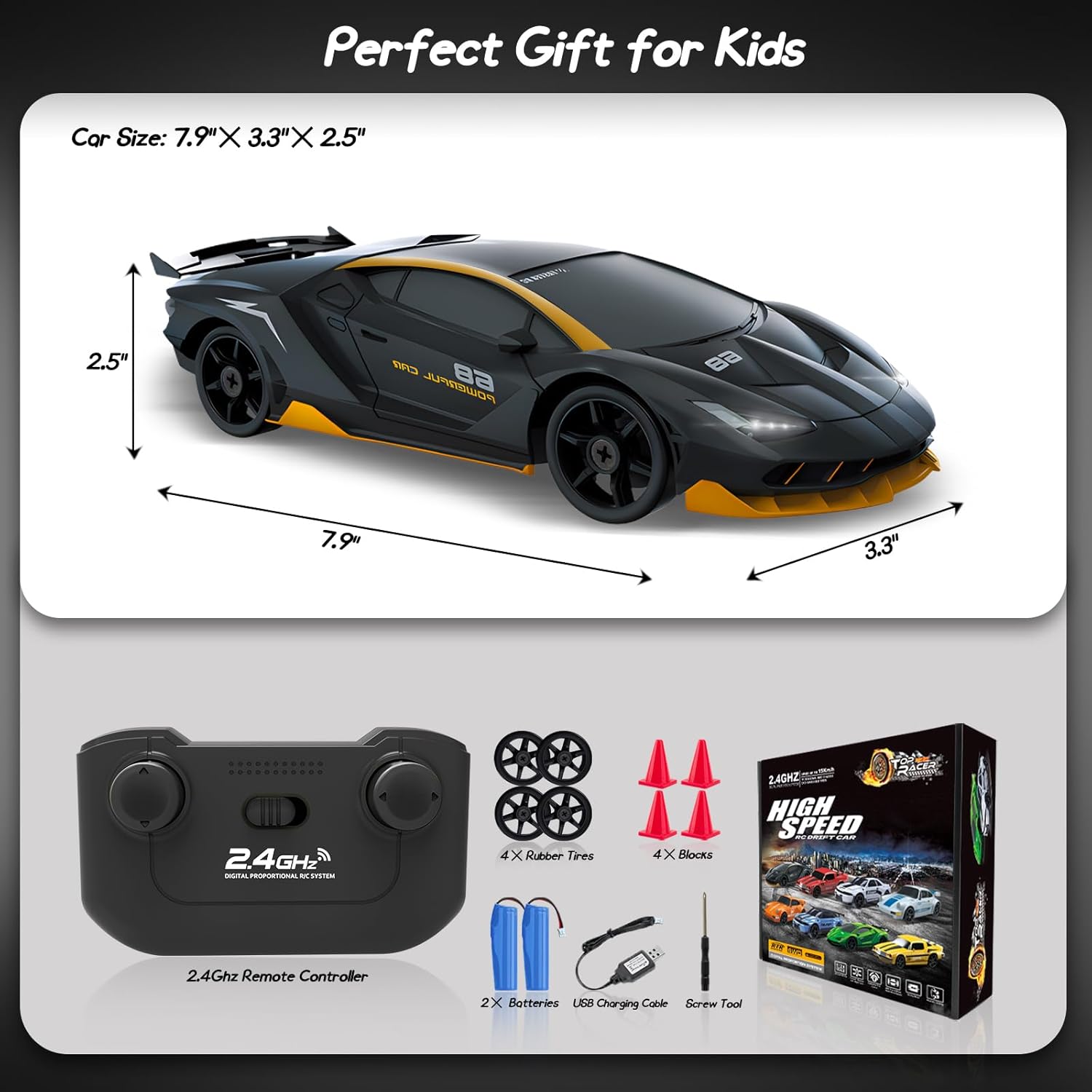 RC Drift Car, 1/24 2.4GHz Remote Control Car 4WD High Speed Drifting RC Cars with LED Light, Two Rechargeable Batteries and Drift Tires for Kids Boys Girls and Adults, Black
