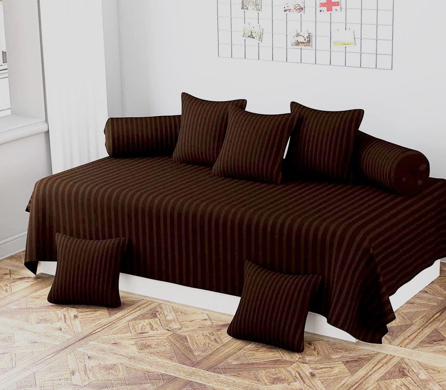 Brown Coloured Microfibre Diwan Set of 8 Pieces Including Diwan Bedsheet with 2 Bolster Covers and 5 Cushion Covers, Striped Diwan Cover Set for Living Room and Hall for Home Decor-image-2