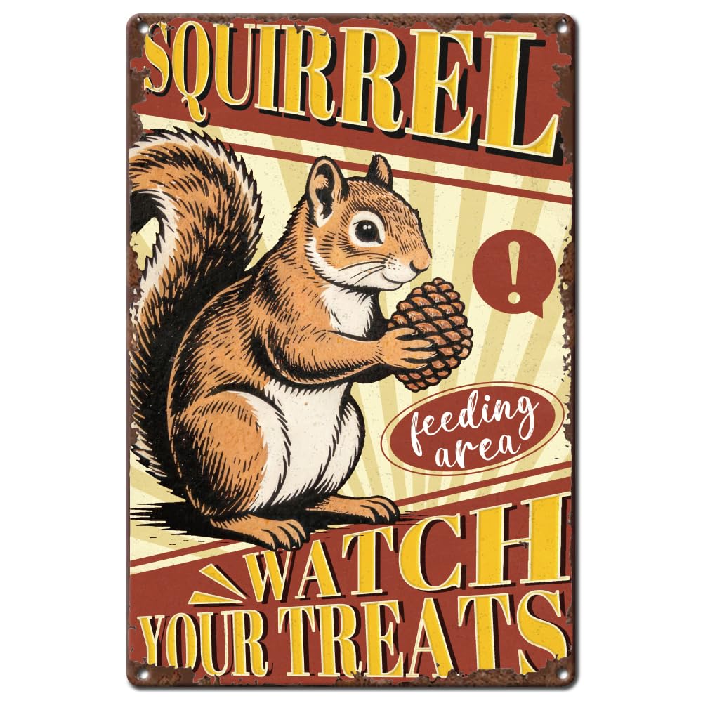 SUPERDANT Metal Tin Signs Squirrel Feeding Area Metal Poster Whimsical Wall Art Plaques Tin Painting Outdoor Gardens Garage Bar Home Decorative Gifts Wall Decor 20x30cm