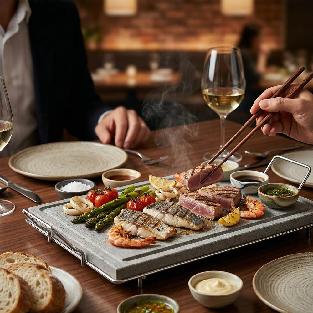 Pietra Ollare grande 60x40 cm con Stand in Metallo Piastra Vulcanica Bistecchiera & Grill da Tavolo Barbecue Griglia per Servire Carni Verdure pesce cottura Dietetica con Canale Raccogli Grassi