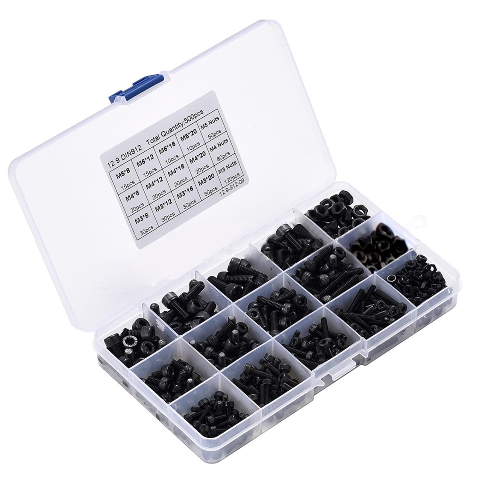 Set 600 Pezzi Viti M3 A Brugola - Acciaio Carbonio Grado 12.9, Con Dadi E Chiave, Lunghezze 6-40 Mm