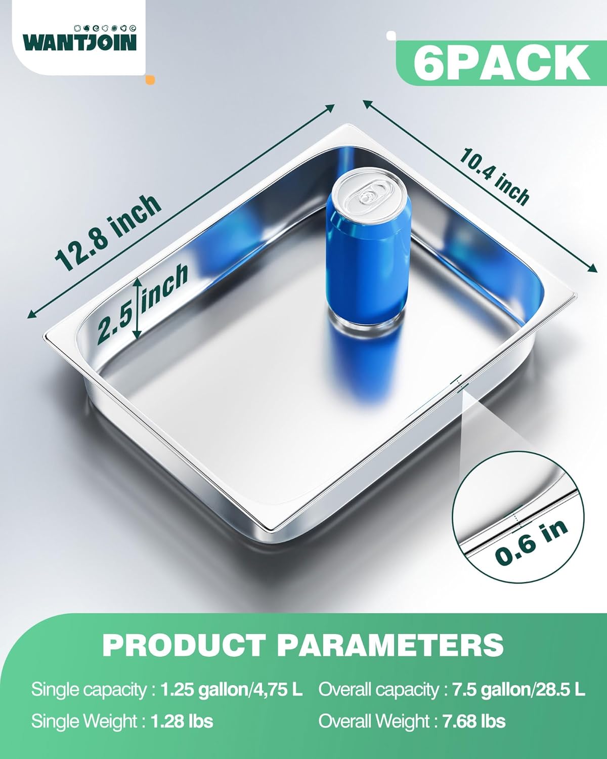 WantJoin Steam Table Hotel Pans 1/2 Half Size 2.5 Inch Deep 6 Pack, Stainless Steel Metal Tray Sets Food Storage Container for Restaurant Chafing Dishes Commercial Buffet Warmer Catering Supplies - Image 7