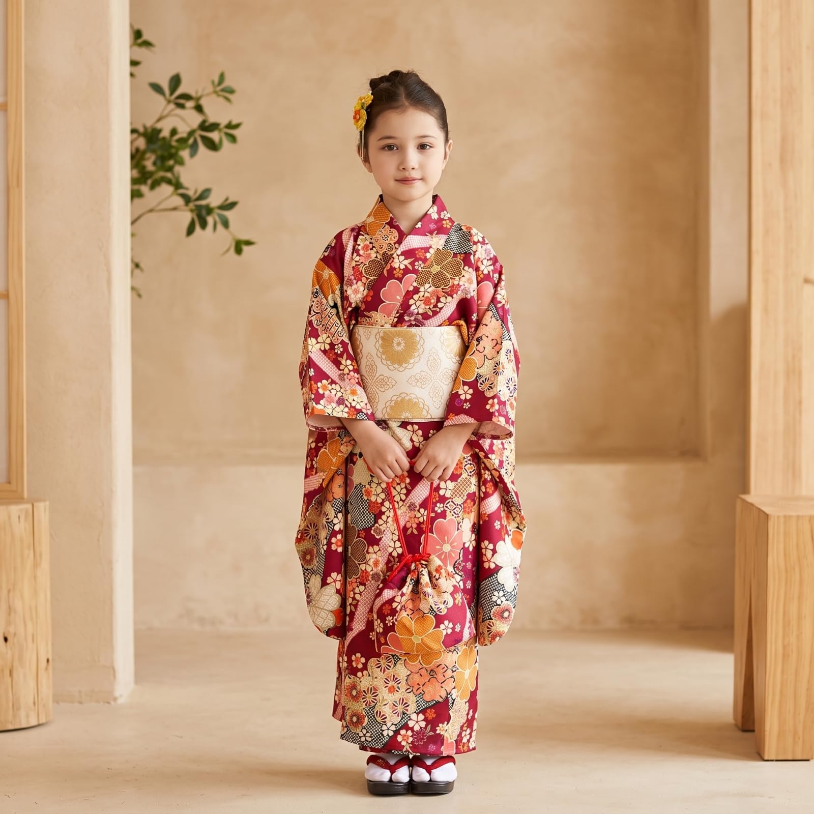 Costume Kimono Bambini Kimono Robe Cintura Obi Borsetta Accessorio Capelli in Poliestere con Maniche Ampie E Chiusura Regolabile Adatto a Eventi, Numeric_110, Regular