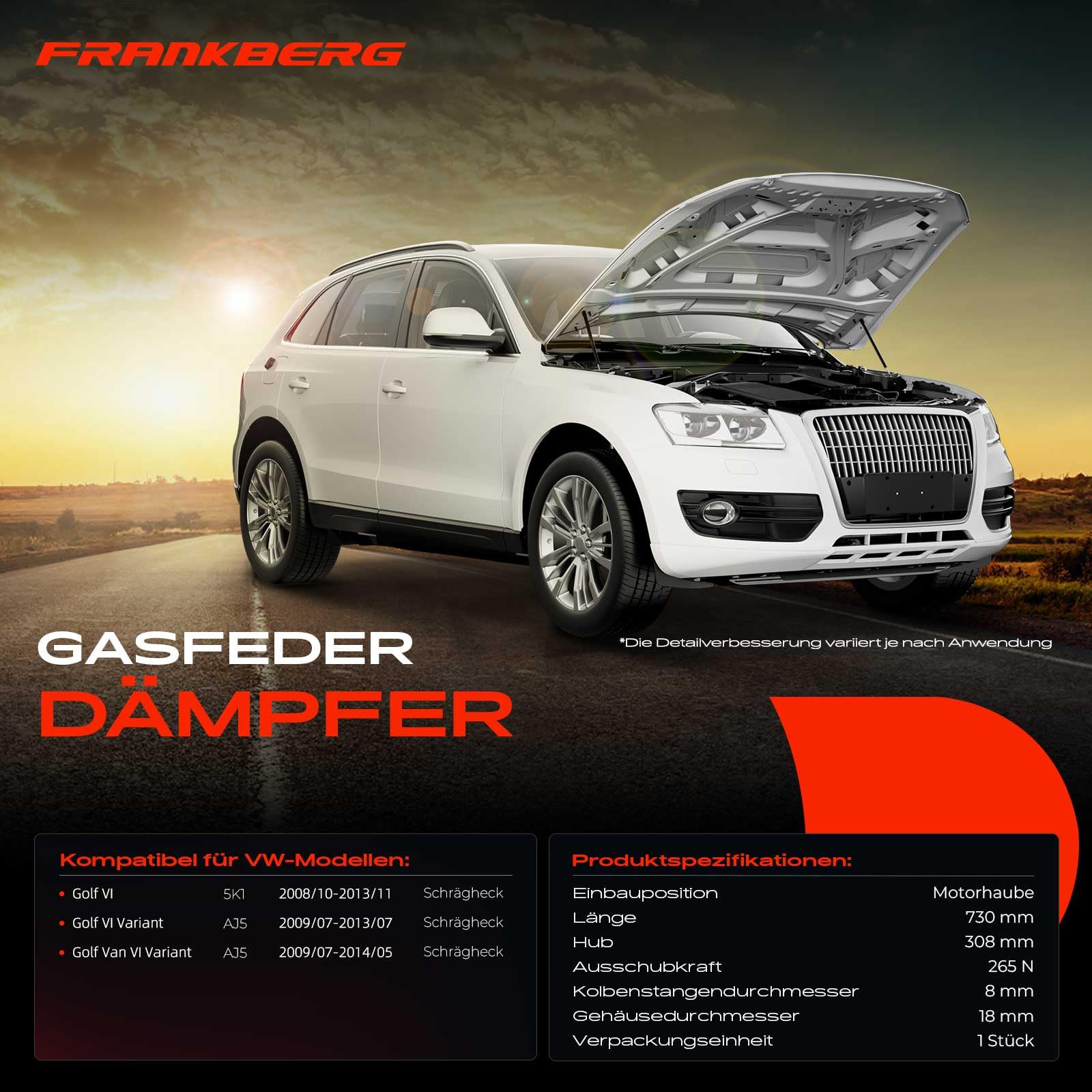 Frankberg 1x Gasfeder Dämpfer Motorhaube Rechts Kompatibel mit Golf VI 5K1 2008-2013 Golf VI Variant AJ5 2009-2013 Golf Van VI Variant AJ5 2009-2014 Replace# 5K0823359B