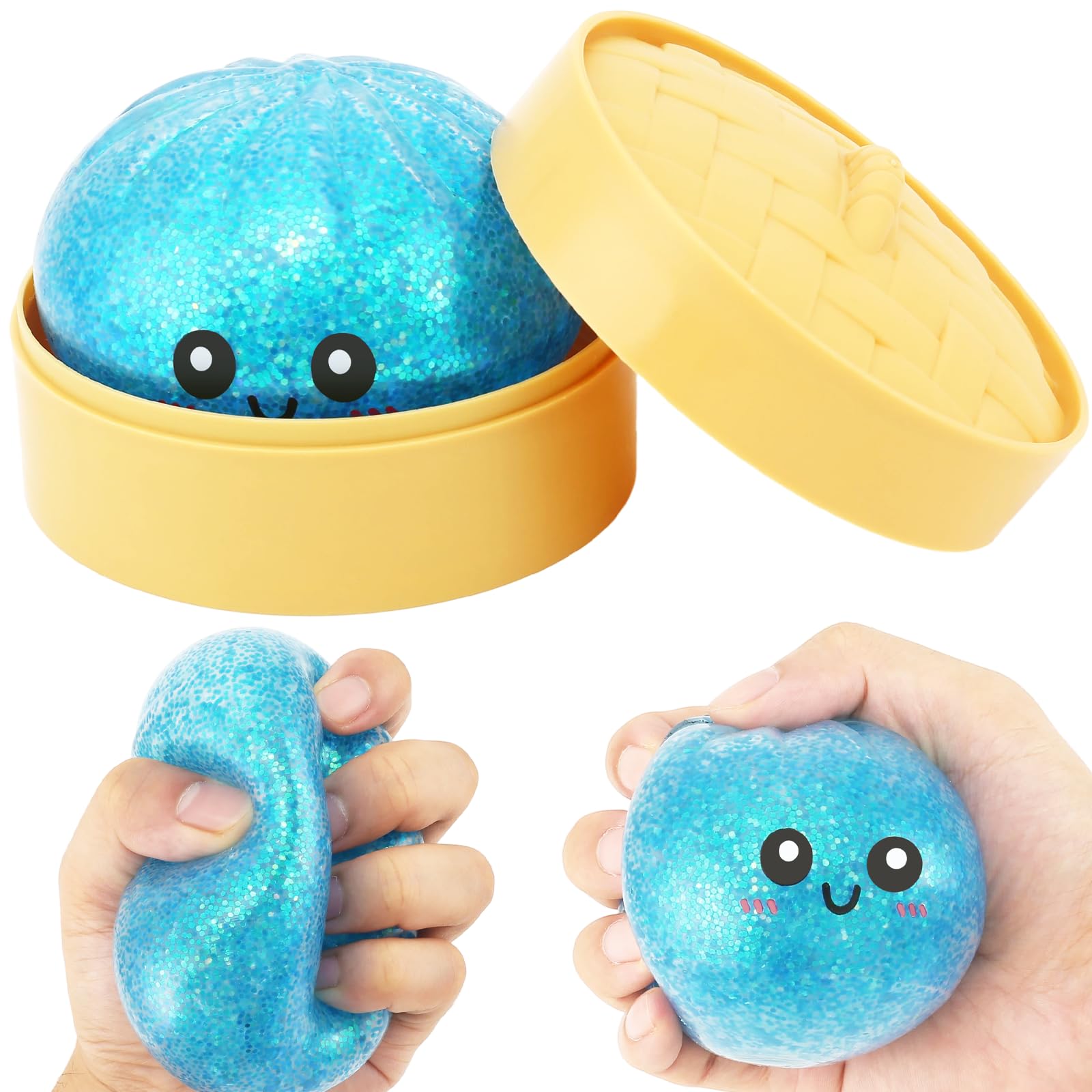 RZCOMP Dumpling Squishy Glitter Dumpling Squishy Toys with Plastic Steamer Box,Big Dumpling Squishy Stress Relief Fidget Novelty Squeeze Toys Gift for Adults & kids (Blue)