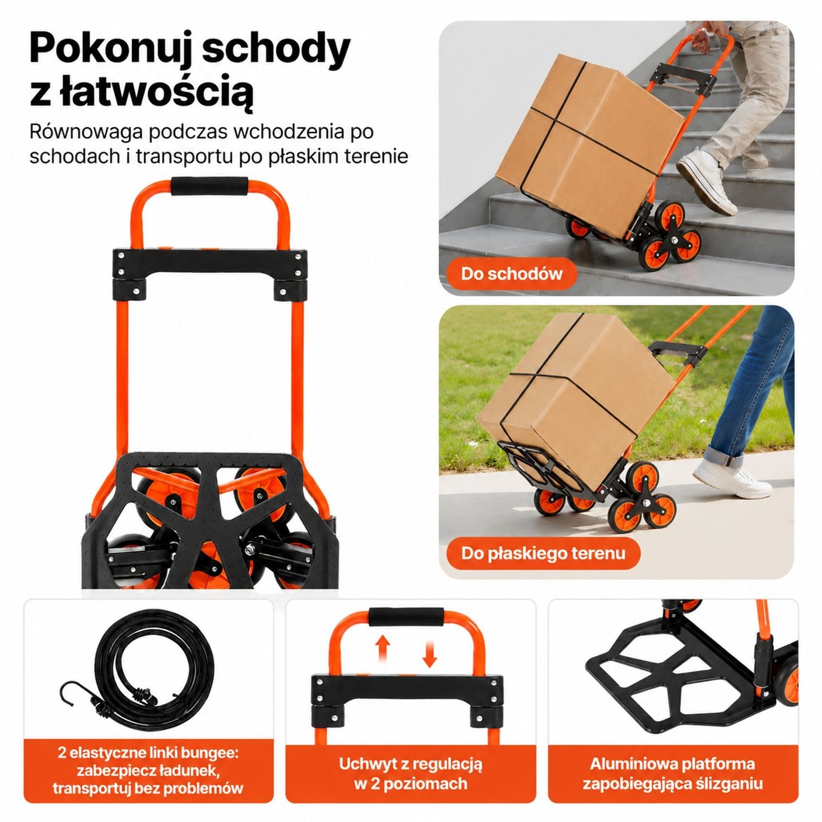 Składany wózek schodowy transportowy, 6 kółek, 2 pasy napinające, teleskopowy uchwyt, rama ze stali węglowej, do domu, zakupów i magazynu