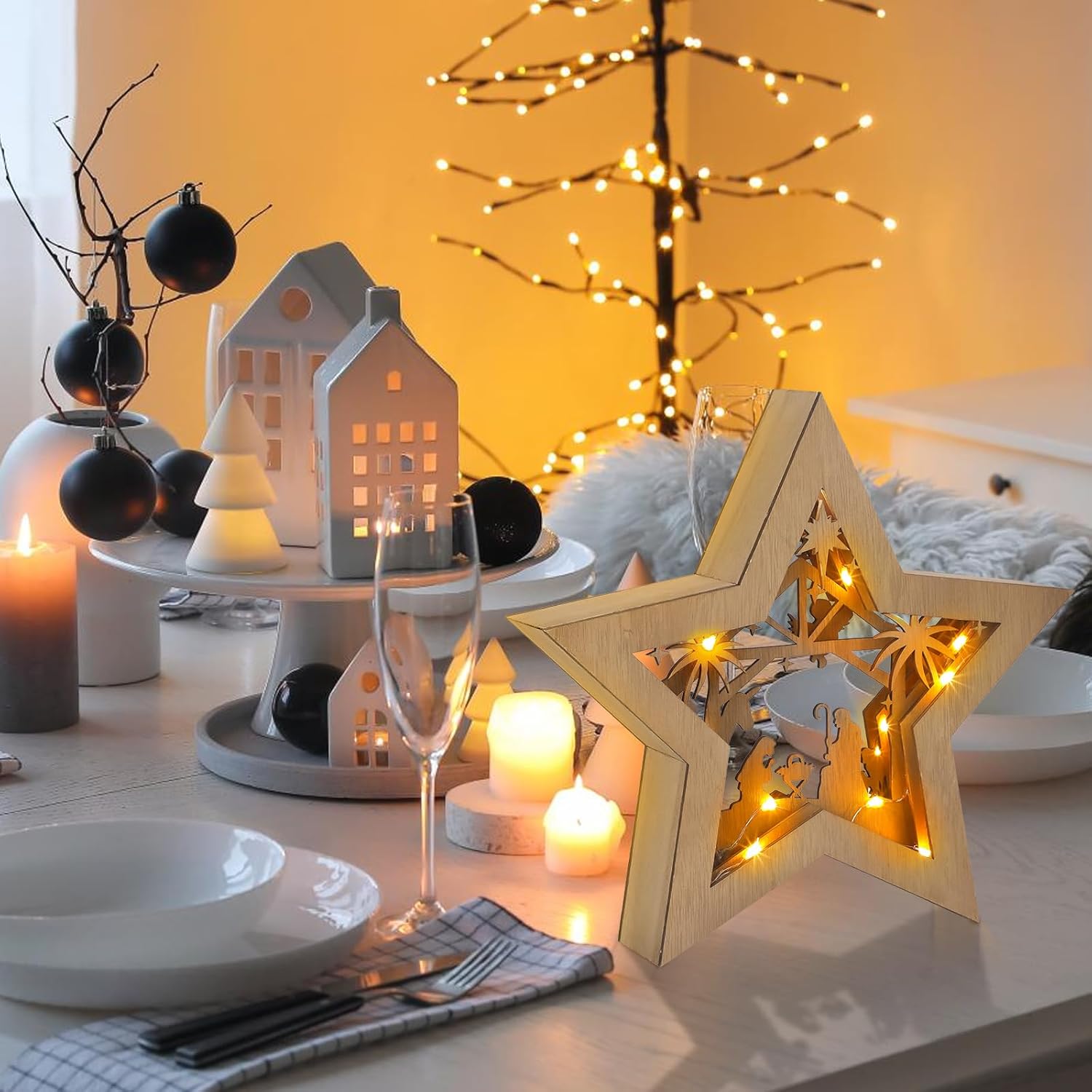 Liliful Christmas Wooden Star Nativity Scene with LED Light Manger Scene Nativity Tabletop Set Rustic Light up Christian Religious Gift for Home Mantel Shelves Tabletop Centerpieces Indoor Decor