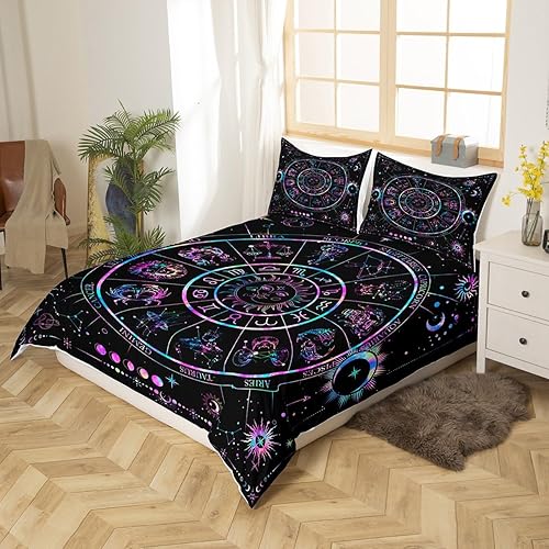 Miniatura 3 de Juego de funda de edredón de sol y luna, tamaño individual, juego de ropa de cama de constelación del zodiaco de galaxia estrellada de 2 piezas para
