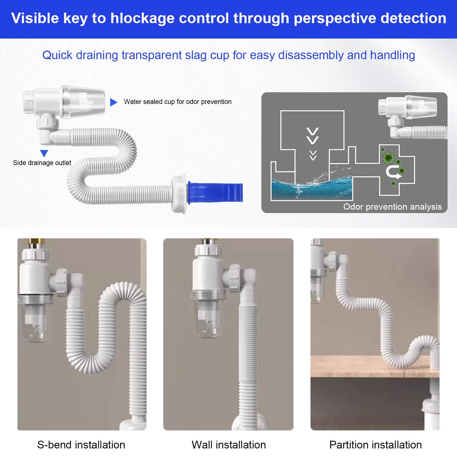 Yrichtra Raumsparsiphon 2er-Set – 1 ¼ Zoll Flexibler Waschtisch-Siphon Mit 360°-Drehbarkeit, Geruchsdicht, Einstellbar 300–840 Mm, Inkl. Dichtungen – Weiß, Für Waschbecken & Spülen