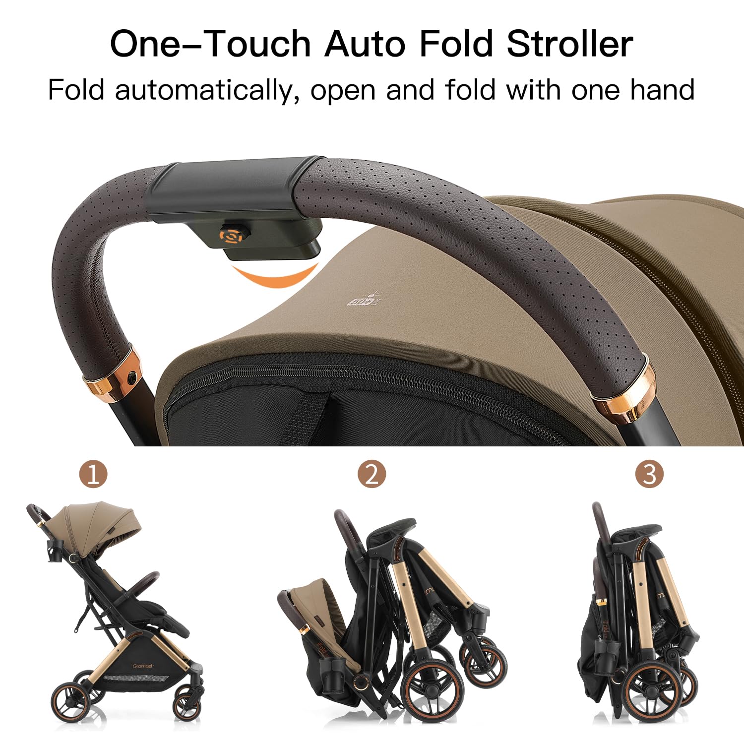 Gromast Gravity Passeggino pieghevole da viaggio portatile con schienale regolabile e tettuccio parasole, leggero e protetto dai raggi UV, pieghevole con una sola mano, Golden