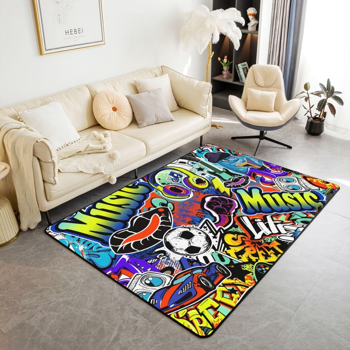 Kids Hippie Graffiti Style Living Room Rugs Area Rug 3x5 Hip Hop Decor Decorative Carpet for Boys Girls Graffiti Graphic Indoor Floor Mat Street Culture Accent Rug Music Living Room Rugs