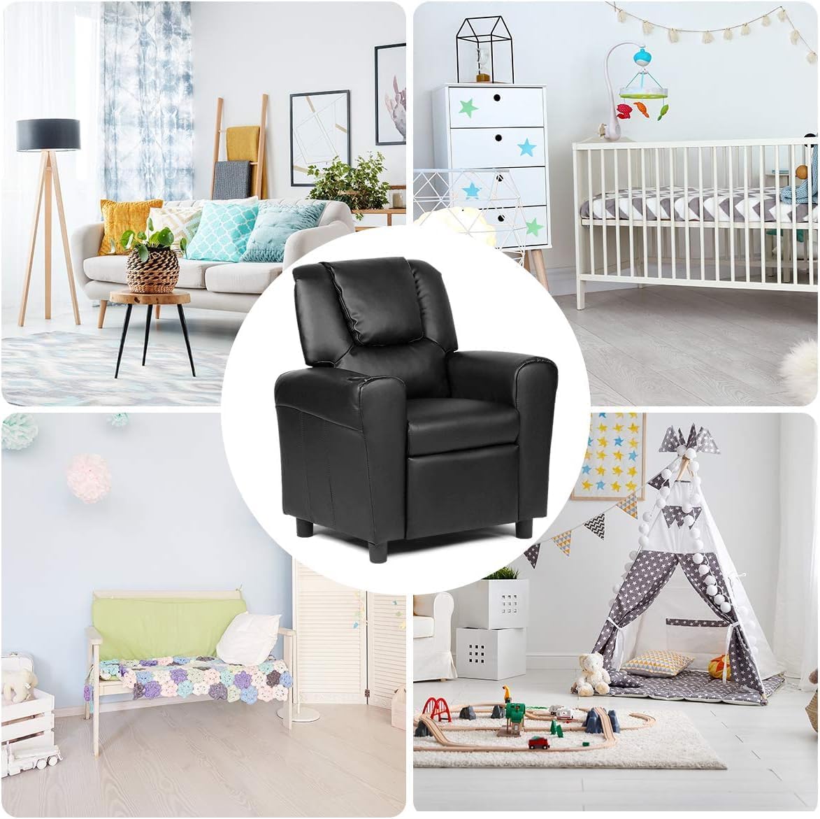 Adjustable Recliner Kids Chairs with Footrest & Backrest,Comfy Toddler Lounge Armchair for Age 3+, Single Sofa Couch w/Cup Holder,Lazy Boy Chair for Children Boys Girls,Kids (PU, Black)