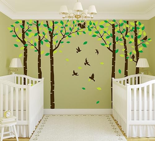 Miniatura 4 de Calcomanías de pared de árbol de abedul gigante, calcomanías de pared de árbol de la selva, pájaros lindos bosques de ardillas, calcomanías de pared