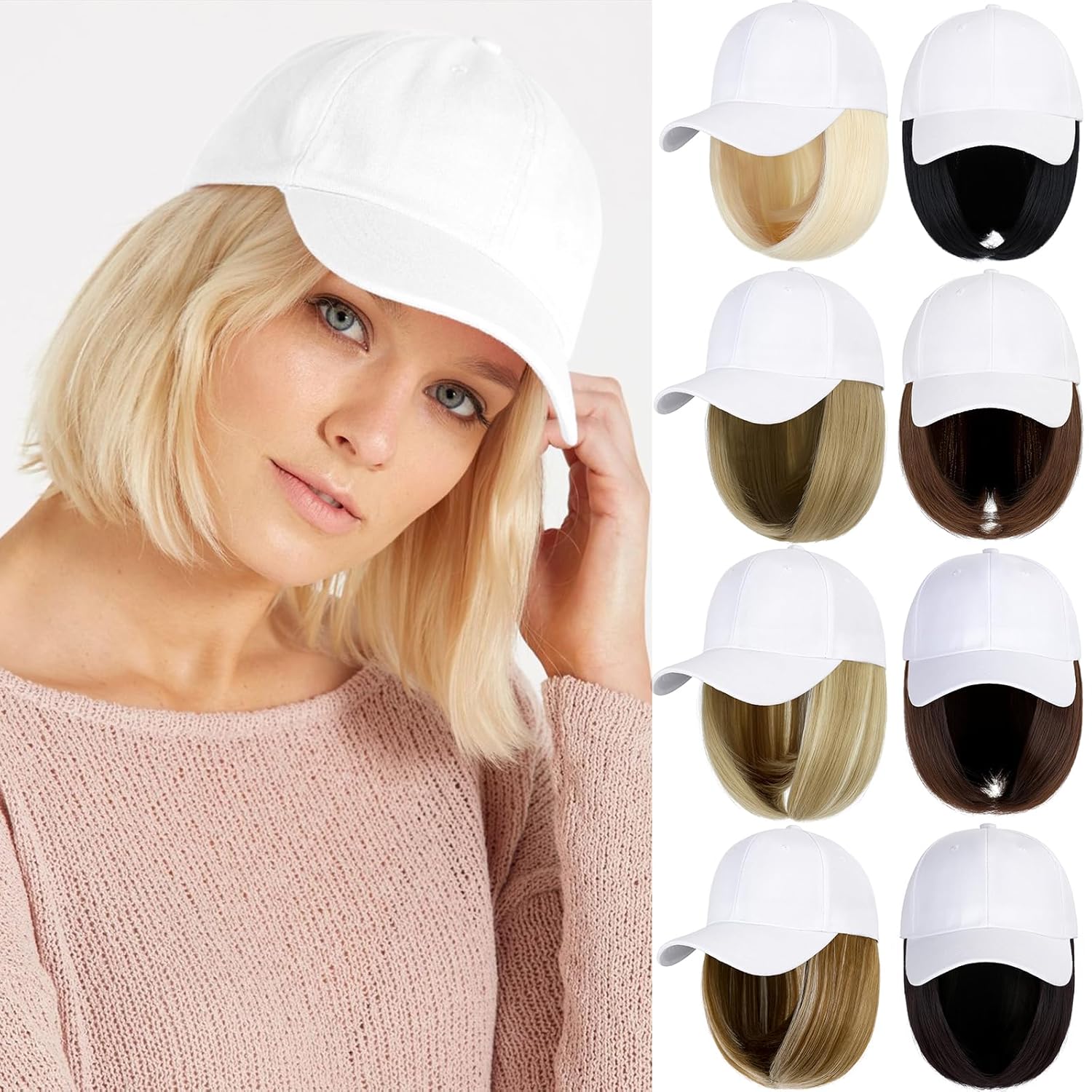Qlenkay Baseball Cap with Hair Extensions 14inch Straight Short Bob Hairstyle Adjustable Wig Hat Attached Synthetic Hairpiece for Woman Ash Blonde Mix Bleach Blonde