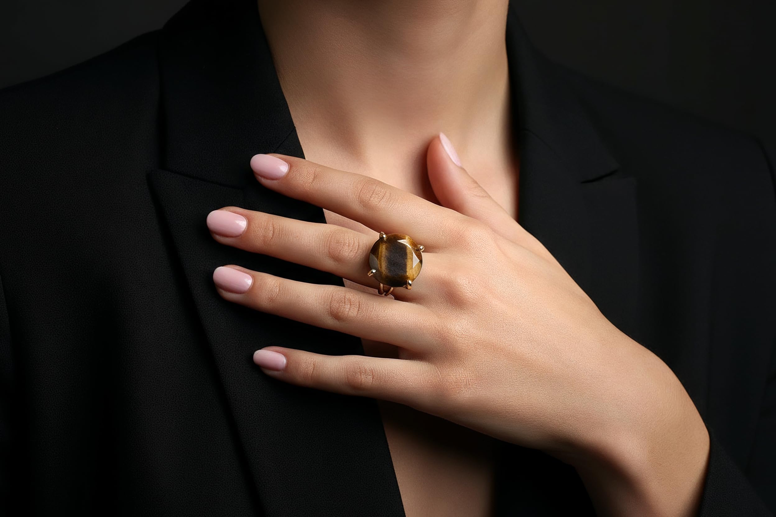 Anillo de Cristal de Ojo de Tigre de 16MM - Anillo de Oro Amarillo - Joyería Bohemia, de Moda, de Regalo - Anillos de Oro Artesanales para Mujer - Elección de Material y Tamaño