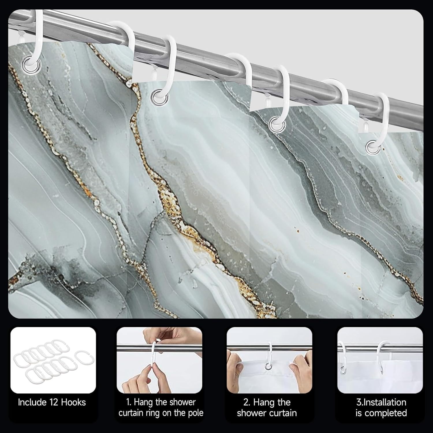 Gray Marble Shower Curtain for Bathroom 31X71in/80x180cm Modern Abstract Luxury Texture Golden Striped Decorative Aesthetic Bathroom Curtain, Washable Waterproof Polyester for Home Hotel