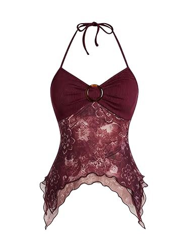 Verdusa Women's Y2k Halter Top Mesh Asymmetrical Going Out Whimsical Shirts | Halter Top, Fairy, 2000s Clothes, , Button, Asymmetrical Top, Goth Top, Country Concert Outfits - Small - Red