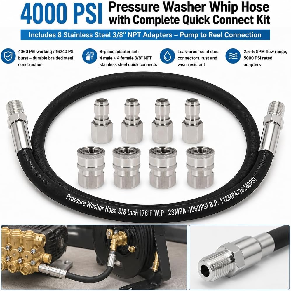 3FT Pressure Washer Whip Hose 4000 PSI Includes 4 Set 3/8" Male and Female Quick Connectors High Pressure Jumper Hose with 3/8" NPT Steel Connectors for Hose Reel, Pump to Reel Connection