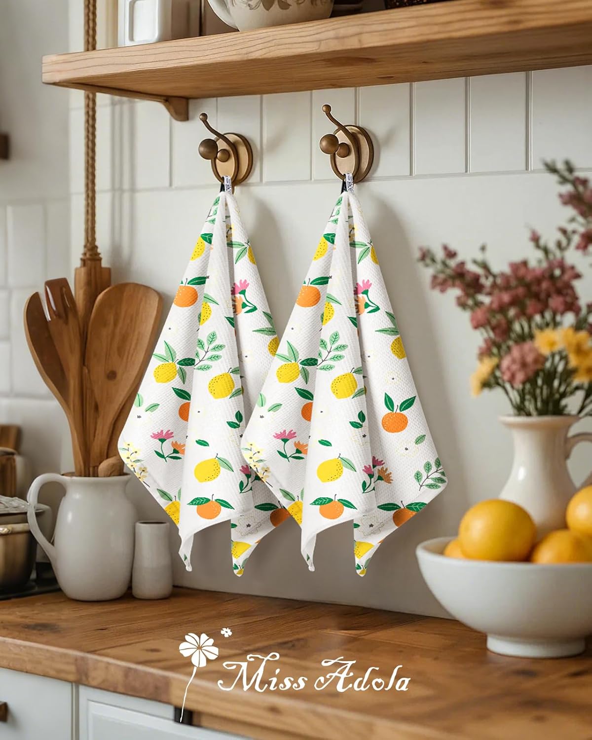 Waffle Cotton Kitchen Towels Set of 2-16x26 Inch Waffle Weave Dish Cloths with Hanging Loop Absorbent Reusable Hand Tea Towels Cute Design Home Decorative Housewarming, Lemon Orange - Image 5