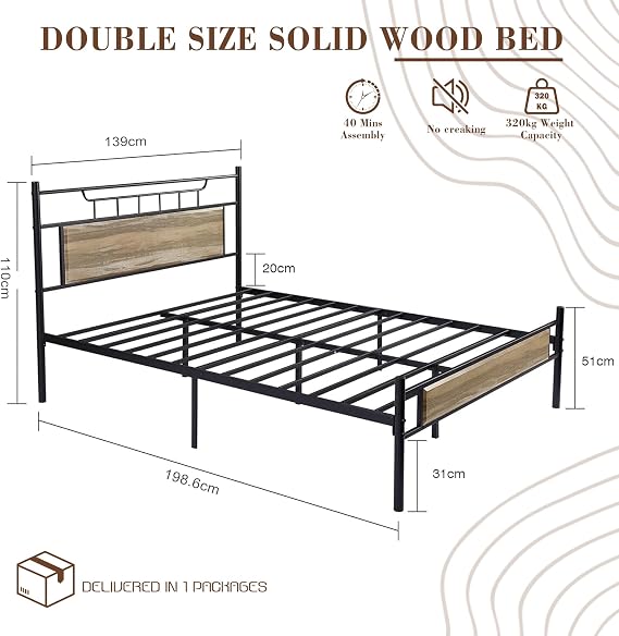 VECELO 4ft6 Double Bed Frame with Wooden Headboard, 135x190 cm Metal Platform, Heavy Duty Metal Slats Support, Mattress Base No Box Spring Needed, No Noise, Easy Assembly
