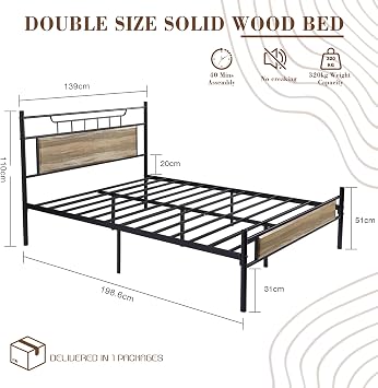 VECELO 4ft6 Double Bed Frame with Wooden Headboard, 135x190 cm Metal Platform, Heavy Duty Metal Slats Support, Mattress Base No Box Spring Needed, No Noise, Easy Assembly