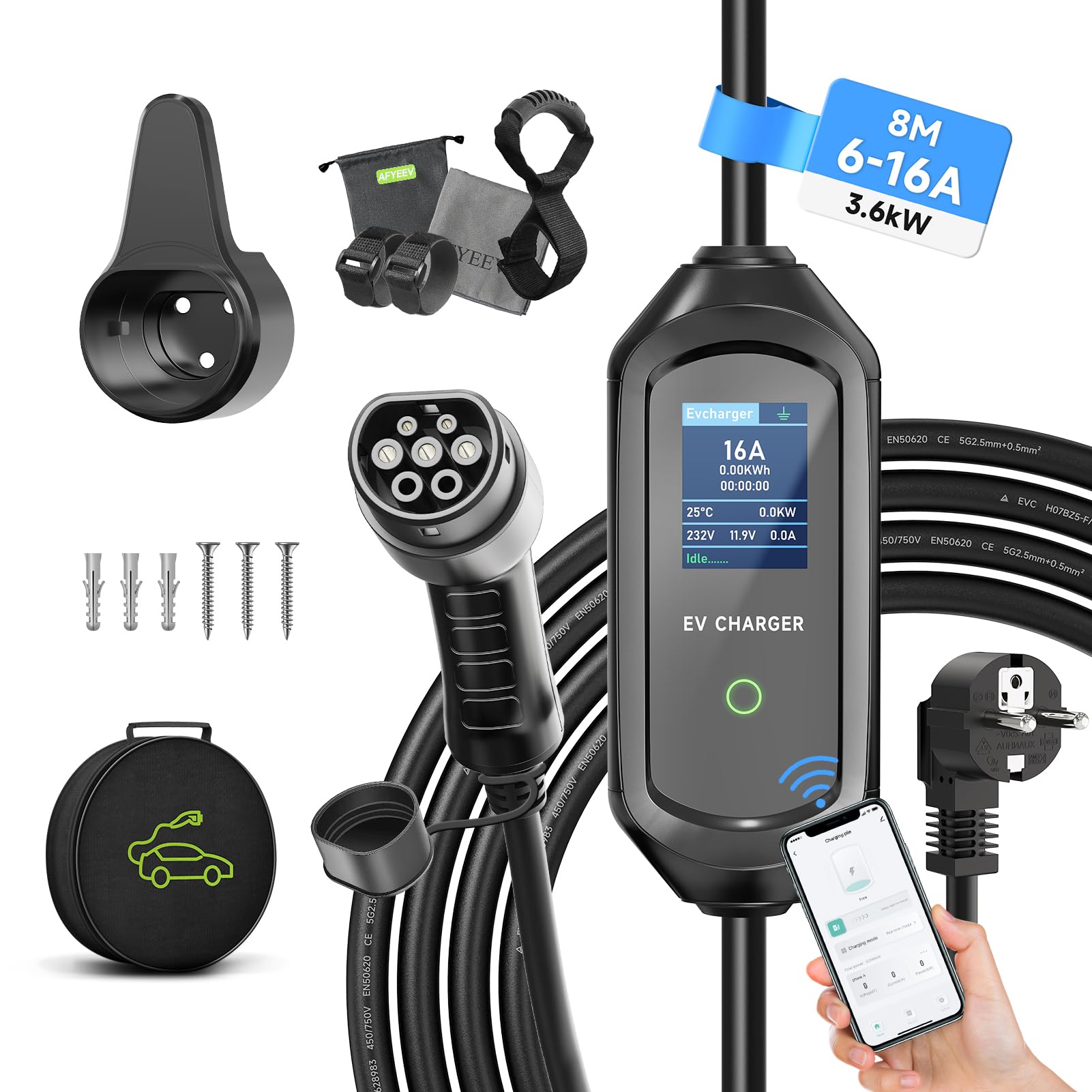 Cargador Coche Eléctrico Tipo 2, 3,6kW/8M/6-16A Wallbox con App | Cargador Vehículo Eléctrico Corriente Regulable 6A/8A/10A/13A/16A, 1–15H de Carga Diferida EV Tipo 2, IEC 62196-2 Con Bolsa