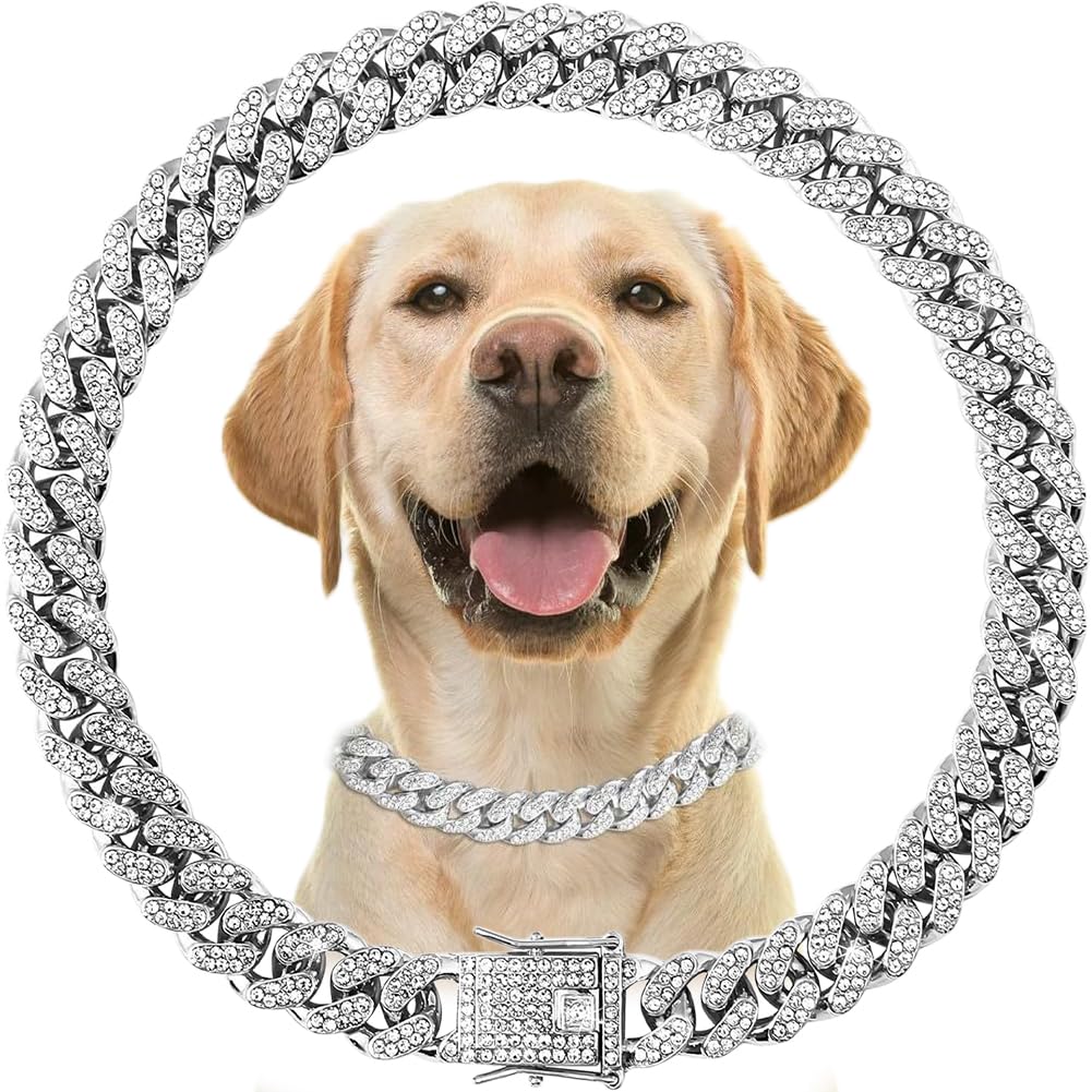 Silver Cat Chain Collar with Bling，Sparkly Diamond Metal Cuban Link Dog Collars, Rhinestone Glitter Puppy Necklace for Small Medium Large Pet Dogs