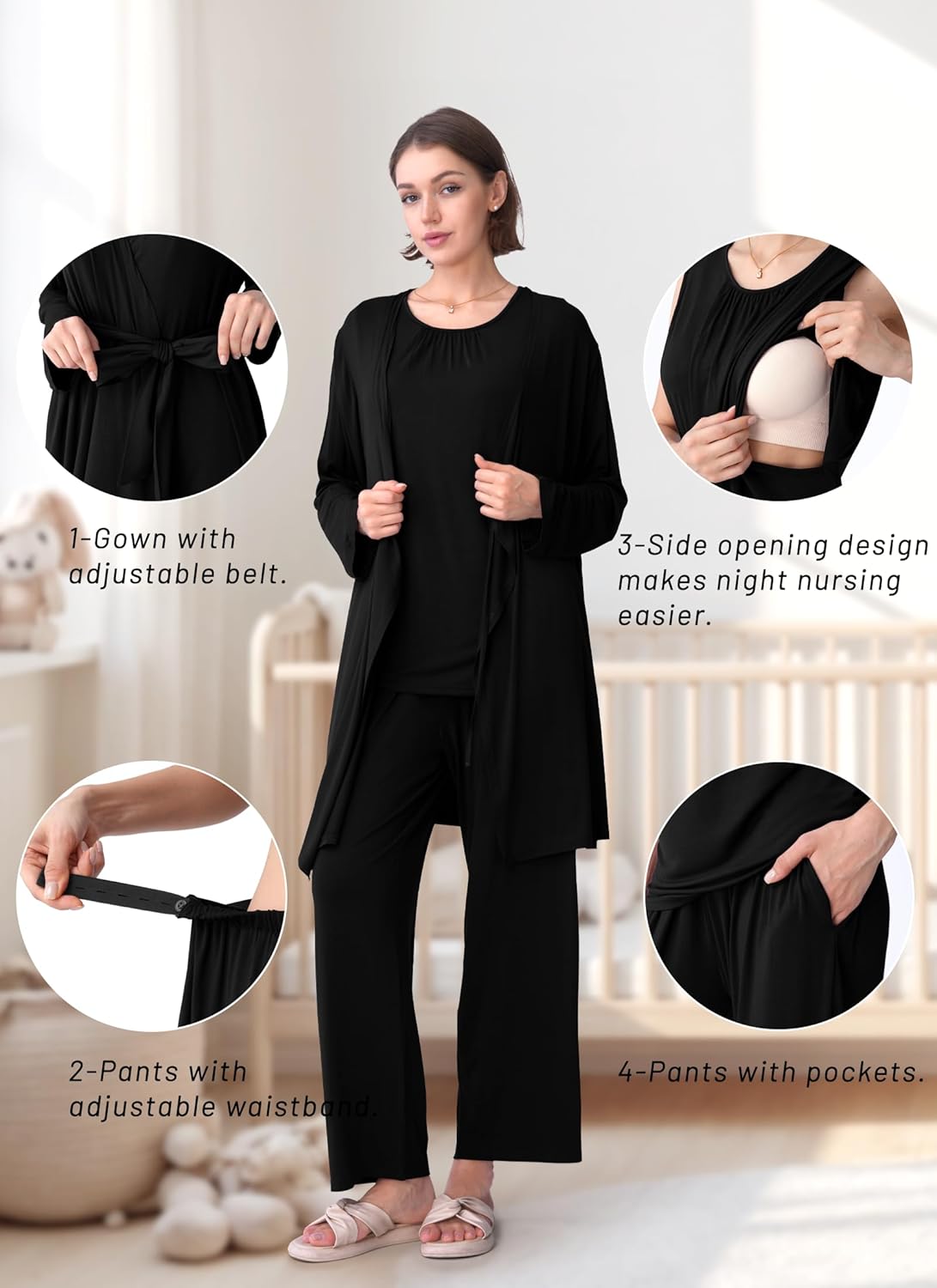 Rnxrbb Nursing Pajamas Gown Set for Women Breastfeeding Postpartum Pajama Maternity Pj for Hospital 3 PCS - Image 6