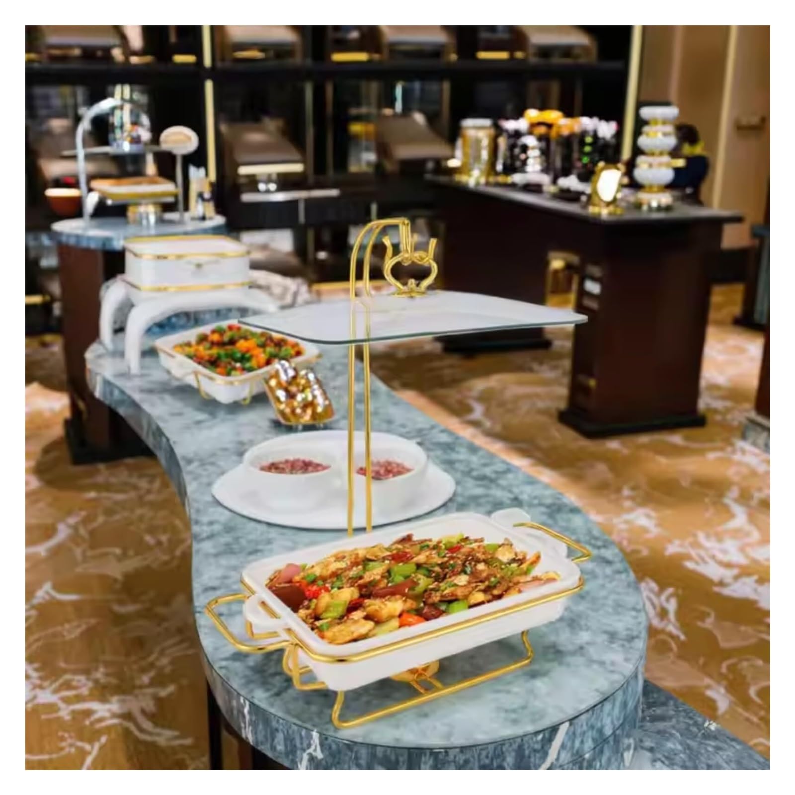 Scaldavivande da Buffet in Ceramica con Coperchio Cucina a Buffet | Con Cornici Dorate e Supporti Scaldavivande for Feste a Buffet