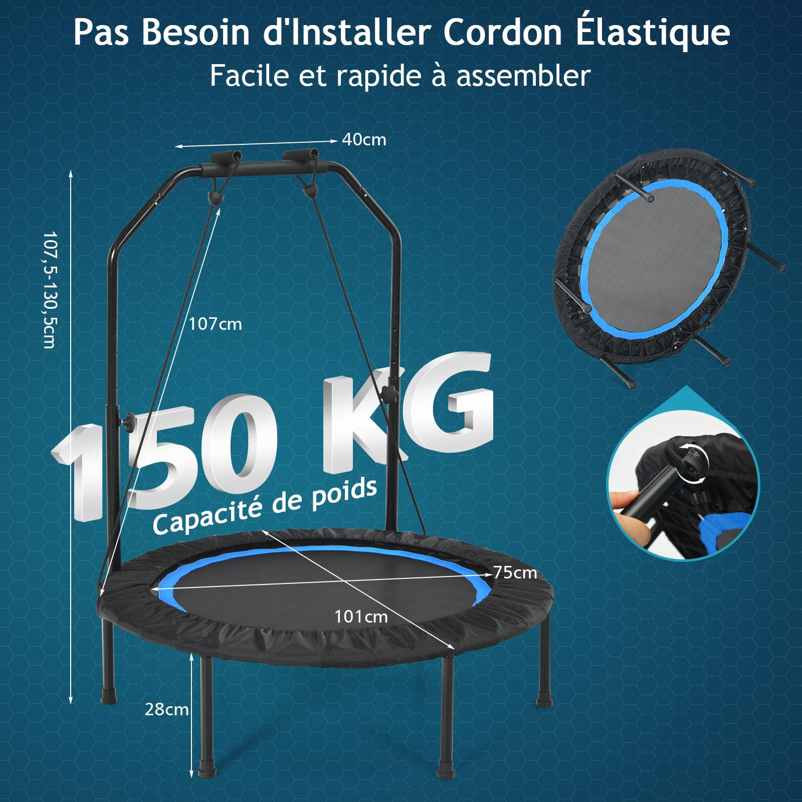 GYMAX Trampoline de Fitness φ101cm, pour Adultes & Enfants, Poignée en Mousses Réglable en Hauteur, Design Pliable, Toile de Bonne Résistance, Installation Facile