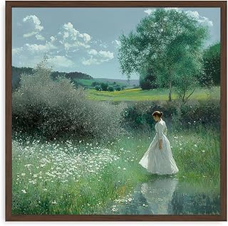 Cottagecore Wall Art – Romantic Countryside Landscape Canvas of Woman in...