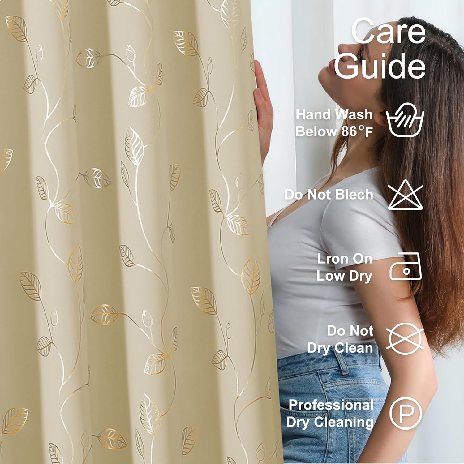 BUHUA Heat Blocking Curtains, Black Out Curtains 45 Inch Long 2 Panels Burg, Soundproof Curtains with Gold Leaf Printed (52 x 45 Inch, Beige, Set of 2 Panels)