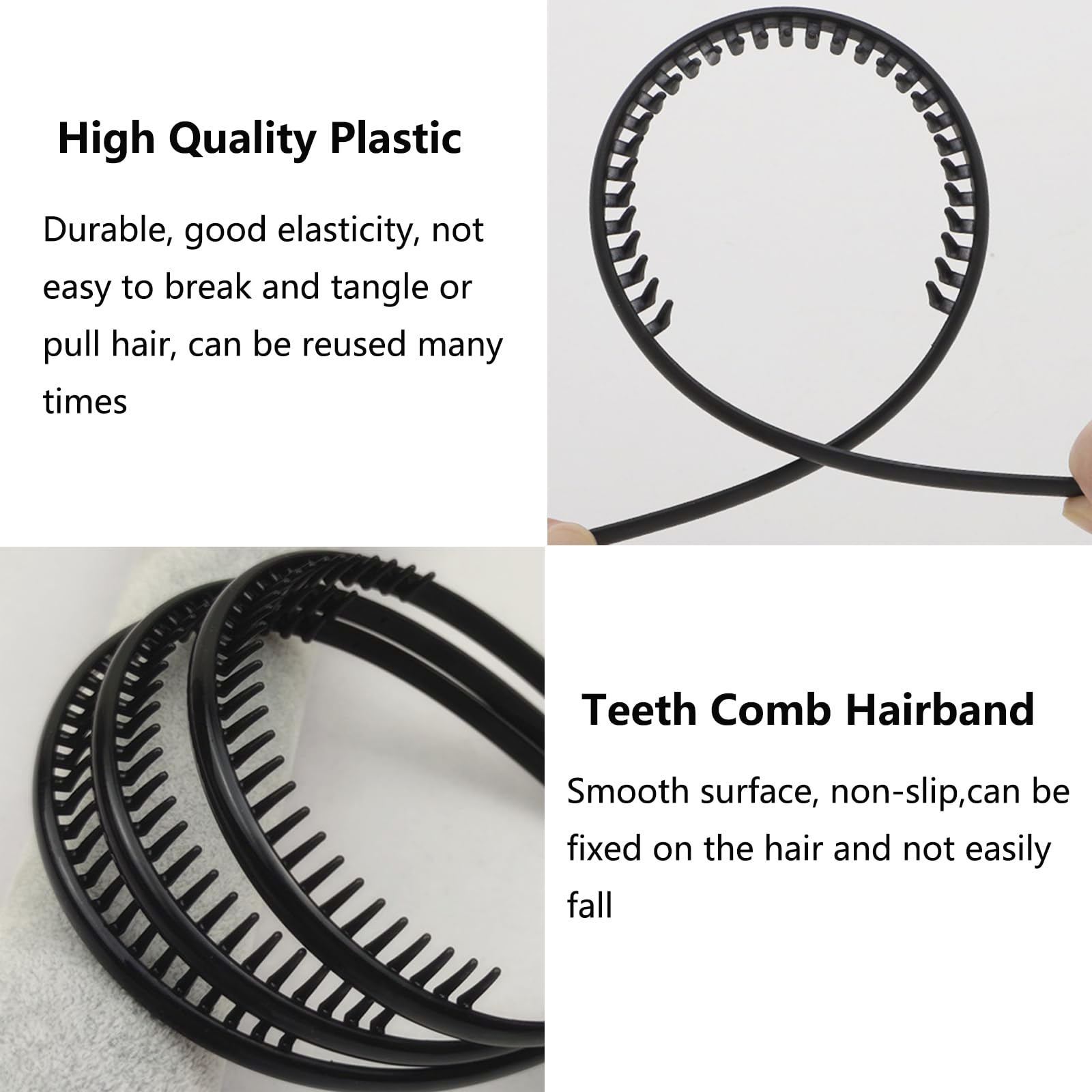 Ling & Bai 4Pcs Unisex Headbands Fashion Teeth Hairbands Black Plastic Anti-slip Hairband Sports Headdress Hair Accessories for Women Men (Black - Image 4