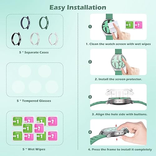 Miniatura 8 de MoKo Funda protectora de 5+5 piezas compatible con Samsung Galaxy Watch 6 de 1.575 pulgadas, resistente a los arañazos y protector de pantalla de