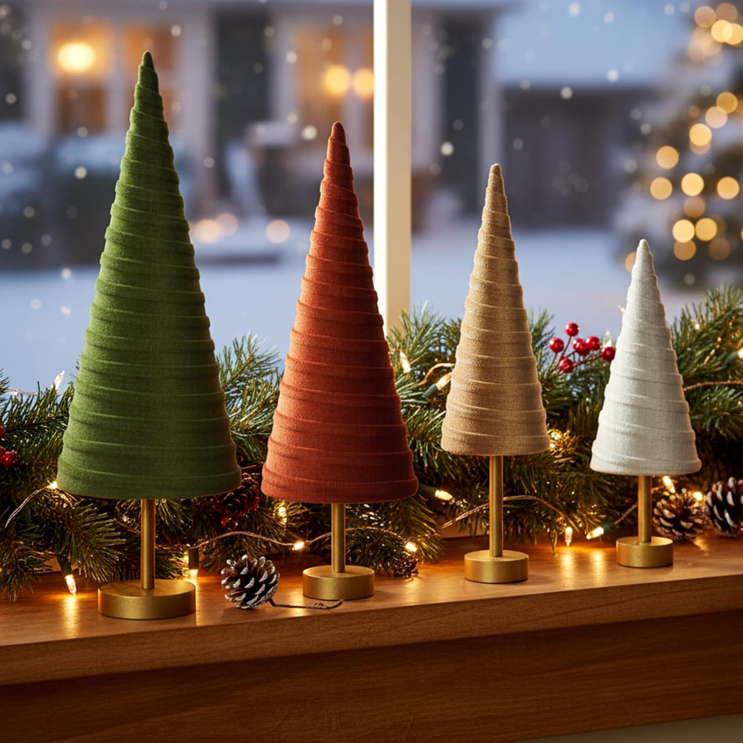 Hoolerry 4 Pcs Christmas Velvet Trees with Gold Pedestal Modern Rustic Christmas Velvet Cone Trees Minimalist for Mantel Table Centerpiece Entryway Home Winter Holiday Wedding Decor(Vintage Green)