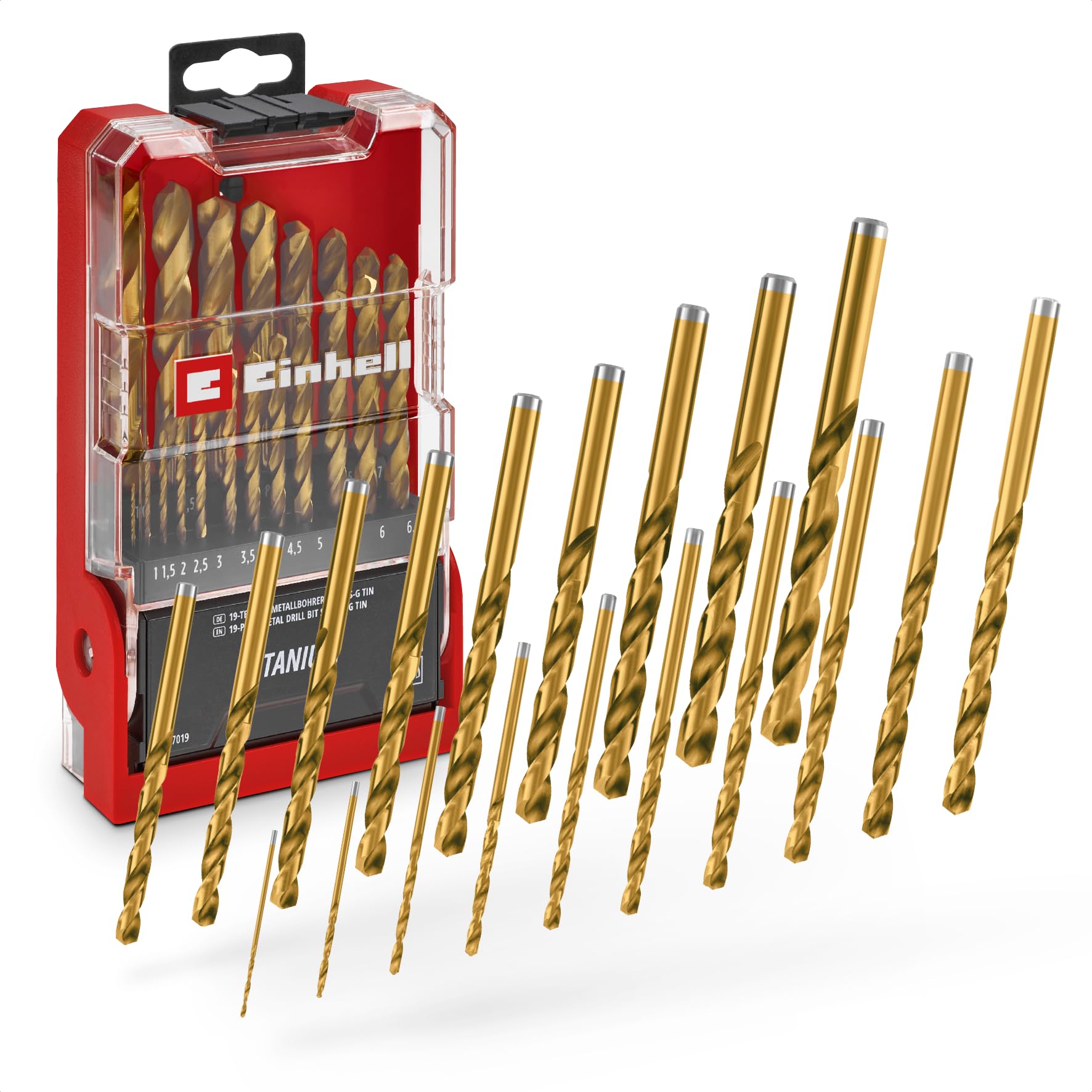 Einhell 19 pièces jeu de forets métal HSS-G TiN, Ø 1–10 mm | Acier HSS | revêtement nitrure de titane | pointe Split Point 135° | spirale N fraisée | queue cylindrique | coffret incl.
