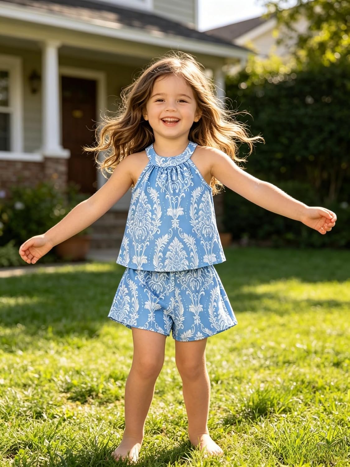 Girls Summer Outfits 2 Piece Halter Neck Floral Sleeveless Top and Short Pants Set Clothes for Kids Size 4-8 Years