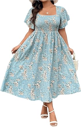 Floerns Womens Plus Size Floral Square Neck Flounce Short Sleeve A Line Maxi Dress