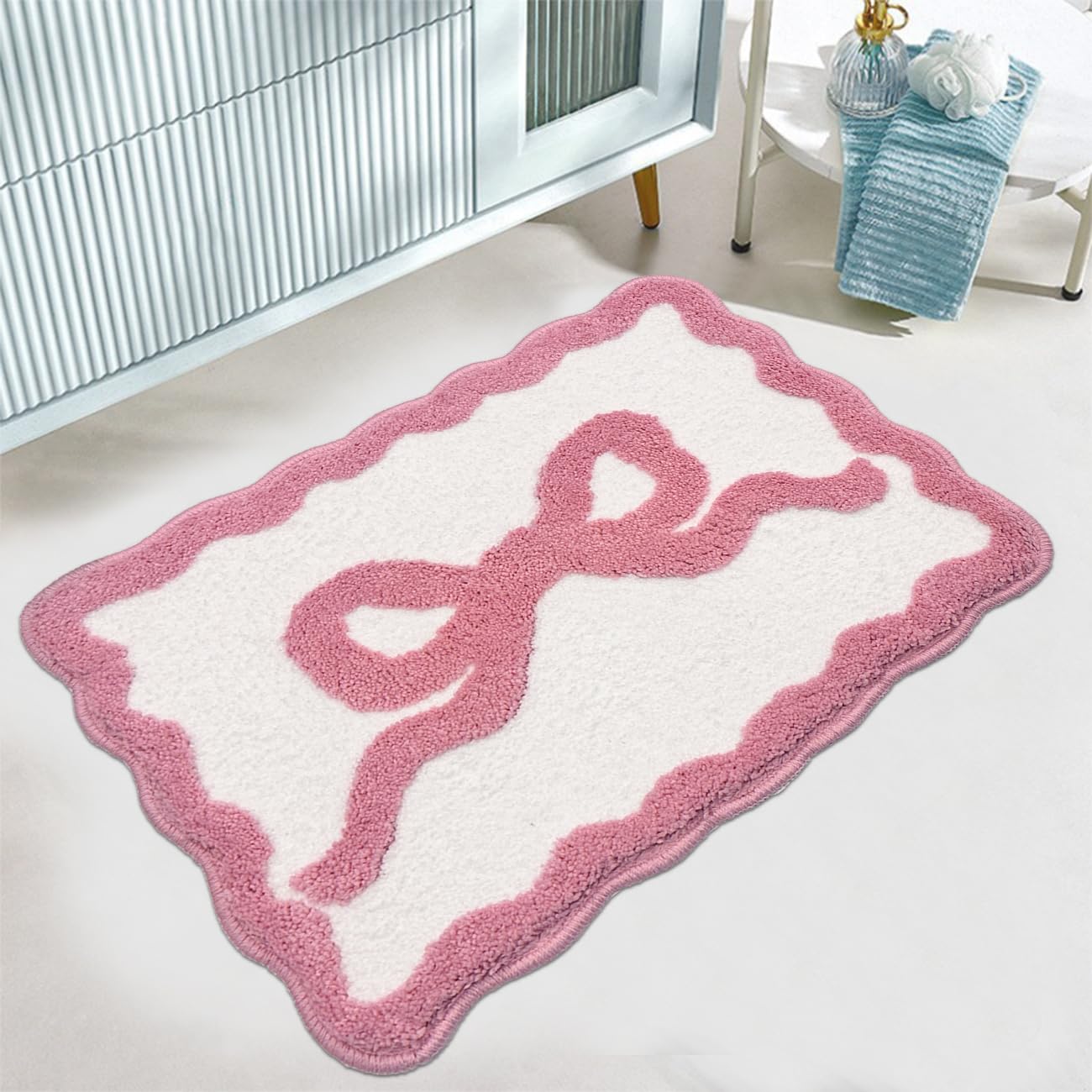 Alfombra de baño festoneada con lazo rosa, extra suave, bonita decoración estética, absorbente de agua, de secado rápido, antideslizante, para baño, bañera, fregadero, ducha, alfombra de suelo
